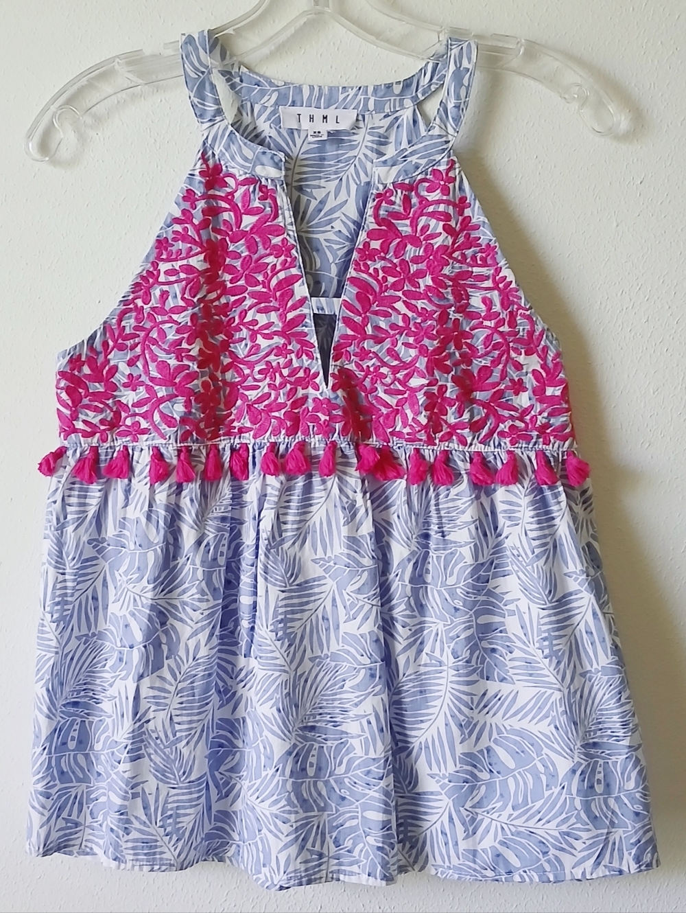 THML  Pink Embroidered Halter Top with Light Blue Leaf Print Sleeveless Size XS